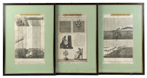 Lotto di tre tavole del XVIII secolo raffiguranti mestieri tessili, cm 33,5x20,5, entro cornici