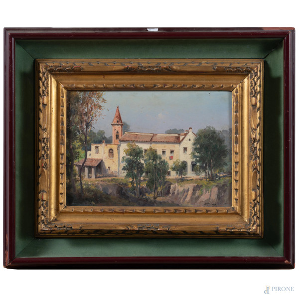 Romitaggio (Chiesa di Capodimonte), XX secolo, olio su tela, cm 25,5x35, firmato in basso a destra, entro cornice