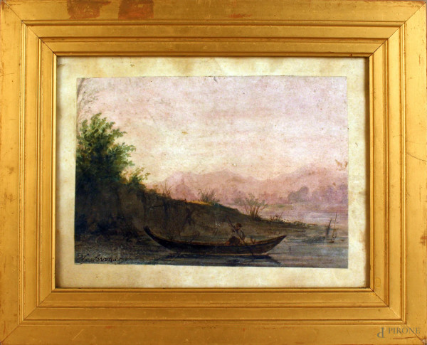 Paesaggio fluvialecon imbarcazione e figura,acquarello su carta 12,5x18,5 firmato entro cornice.