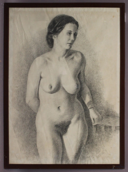 Nudo di donna, matita su carta 63x46 cm, firmato, entro cornice.