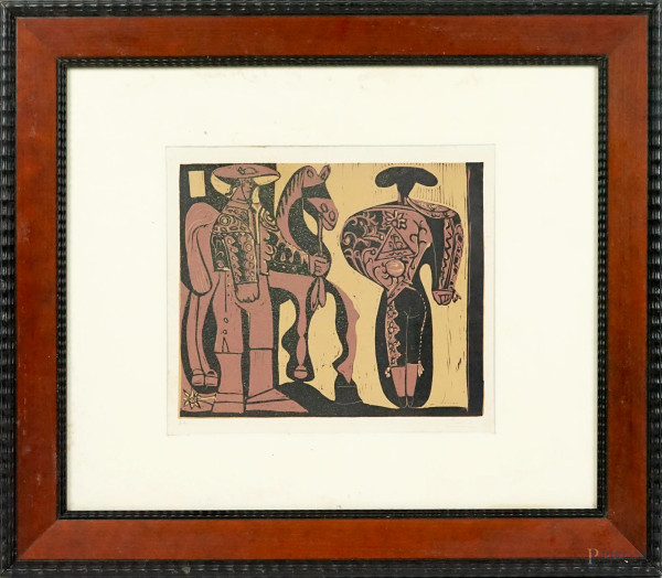 Pablo Picasso - Picador e torero, incisione su linoleum, cm 30,5x35 circa, esemplare E.A. , entro cornice, (macchie)