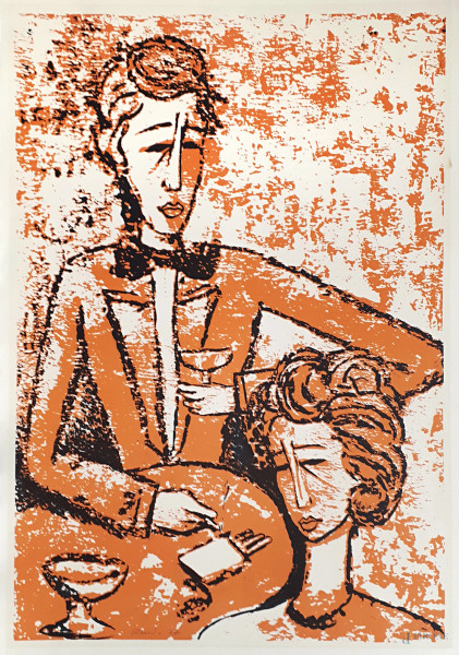 Ribaudo (XX sec.), Amanti al bar, litografia esemplare PA, cm 70x50