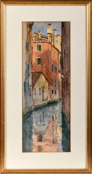 Canale veneziano, acquerello su carta, cm 36,5x13,5, entro cornice, firmato in basso, (difetti)