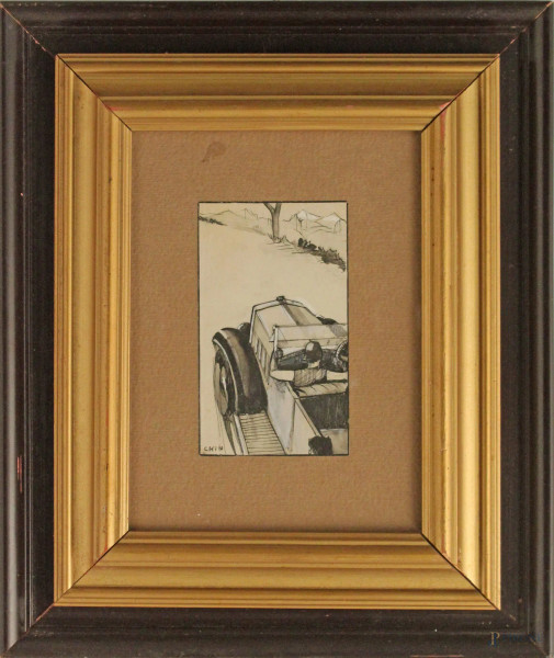 Auto in corsa, china su carta 7x12 cm, entro cornice.