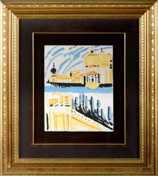 Remo Brindisi (Roma, 1918 – Lido di Spina, 1996), Venezia (1984), bassorilievo policromo, firmato in basso "Brindisi", esemplare n. 10/99, cm 24x30, entro cornice