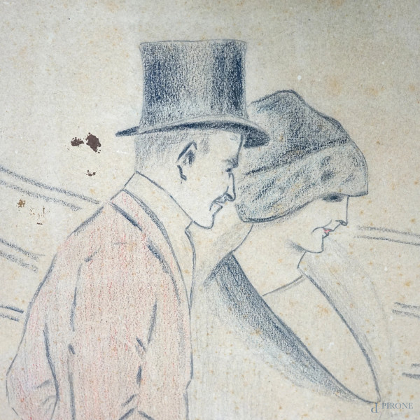 Coppia a passeggio con cane, matita e pastello su carta, cm 50x39, firmato, entro cornice