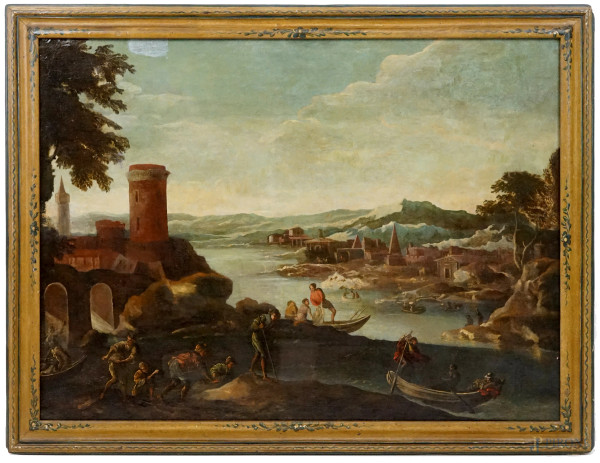 Pittore del XVII-XVIII secolo, Paesaggio fluviale con figure, olio su tela, cm 89X119, entro cornice, (difetti).