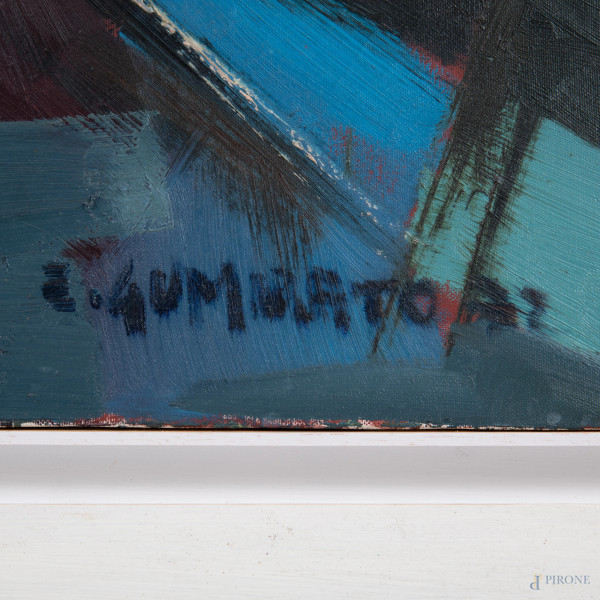 Elena Gumirato (1947), Figura in ginocchio, olio su tela, cm 80x70, firmato e datato "72" in bass...