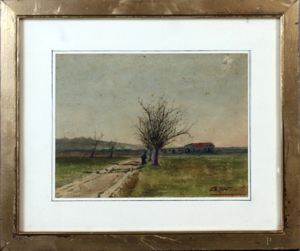 Paesaggio con figura e case, acquarello su carta, cm. 17x24, firmato, entro cornice.