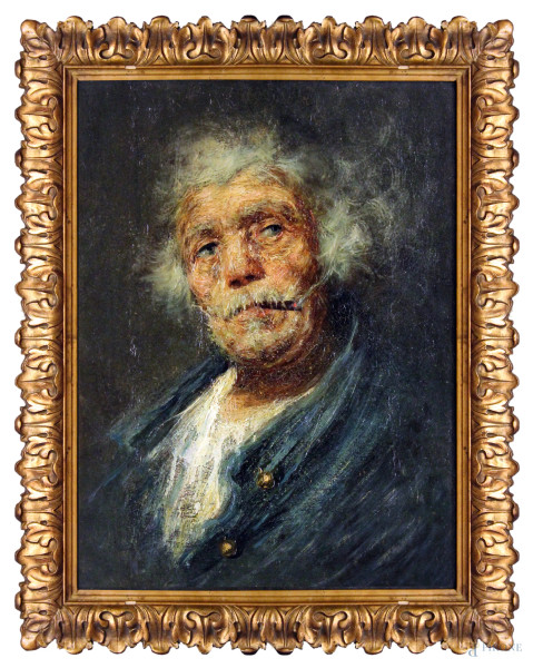 Pittore del XIX sec., Ritratto d'uomo con sigaretta, olio su tela, cm 50x38,entro cornice.