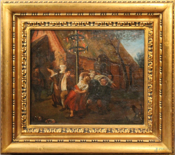 Pittore fiammingo del XVIII secolo, scena con figure, olio su tela, cm. 49x58, entro cornice.