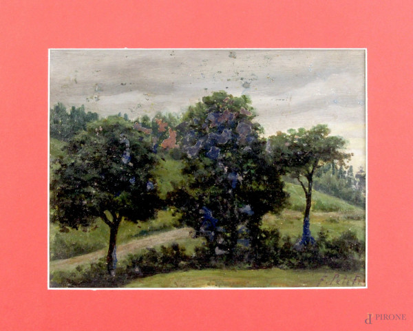 Filiberto Petiti - Paesaggio con alberi, olio su cartone, cm. 18,5x25,5.