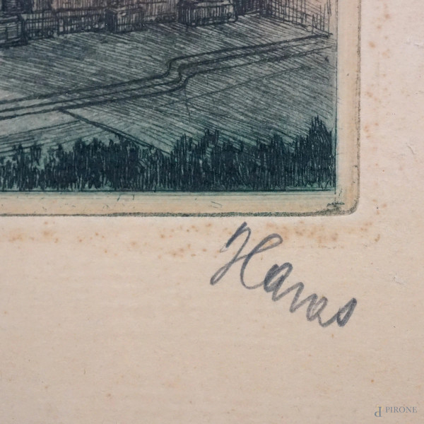 La Certosa di Pavia, stampa acquerellata, cm 27x37 circa, firmata, entro cornice.