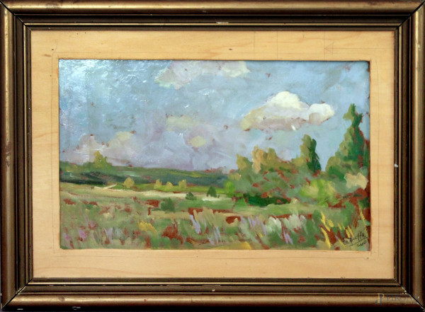 Cesare Laruffa, Paesaggio, olio su masonite, cm 27 x 42, entro cornice.