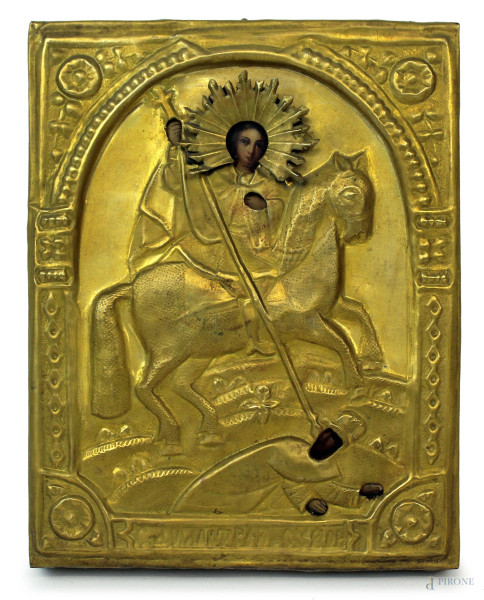 Icona raffigurante San Demetrio, tempera su tavola con riza in metallo dorato, cm 22x17,5, XIX secolo.
