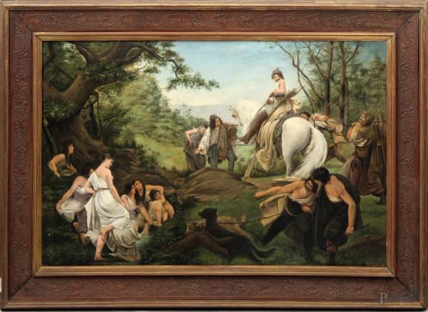 H.Gold, Ritorno dalla caccia, olio su tela, 100x65 cm, entro cornice coeva, scuola Inglese datato 1901.