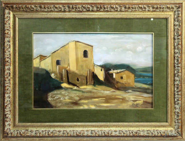 Scorcio di paese, olio su tela 32x50 cm, entro cornice firmato.