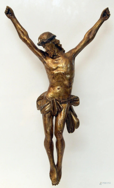 Cristo in legno dorato, poggiante su base in plexiglass, H 38 cm, XIX sec.