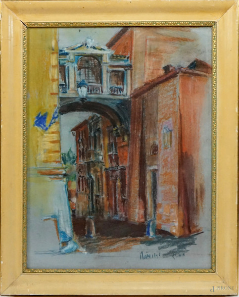 Vicolo, pastello su cartoncino, cm 65x50, firmato, entro cornice.