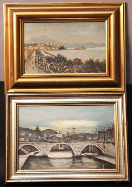 Lotto di due dipinti ad olio su tavola raffiguranti scorci di città 31x20 in cornici firmati