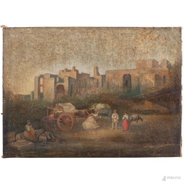 Coppia di dipinti raffiguranti paesaggi con figure e armenti, XIX-XX secolo, olio su tela, cm 45,...