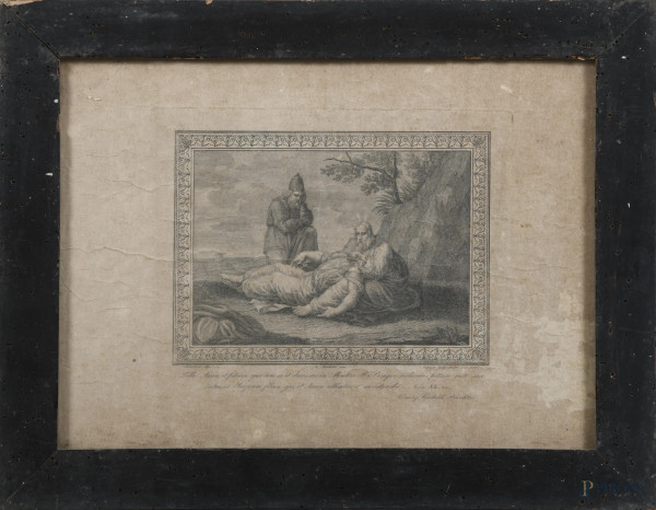 Incisione raffigurante la morte di Aronne, XIX secolo, cm 29x40, entro cornice, (segni di usura, bruniture, ossidazione, gore, foxing, tracce di piegatura, difetti)