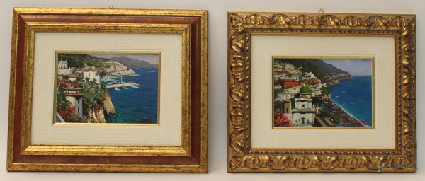 Coppia dipinti raffiguranti Amalfi e Positano, olio su cartone, cm 12x17, entro cornice.