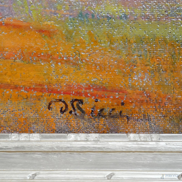 Campagna romana con armenti, olio su cartone telato, firmato, cm 45,5x115, entro cornice