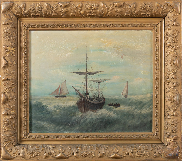 Veliero, XIX-XX secolo, olio su tela, cm 46,5x55, firmato in basso a destra, entro cornice, (segni di usura, abrasioni, cadute di colore)