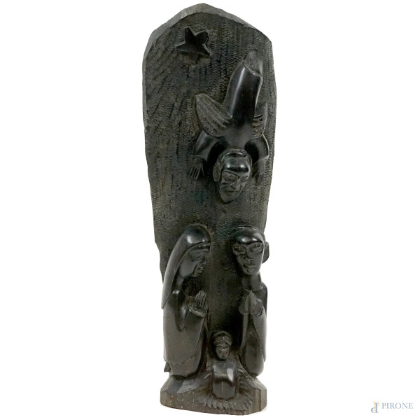 Natività, scultura in legno ebanizzato, cm h 44, arte africana, XX secolo, (difetti).