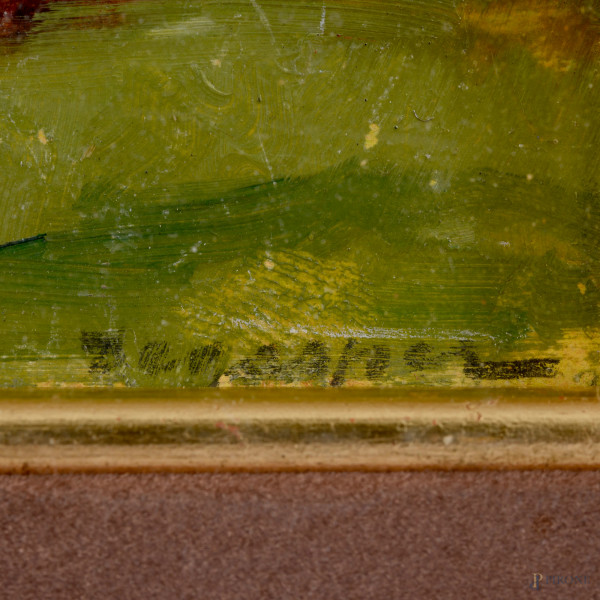 Scorcio alpino, olio su cartoncino, cm 12x17, entro cornice, firmato in basso a destra (piccole c...