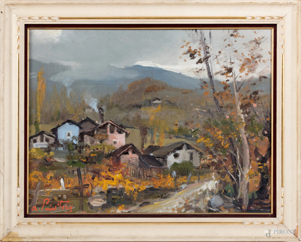 Paesaggio montano, XX secolo, olio su tela, cm 35x44,5, firmato in basso a sinistra, entro cornice