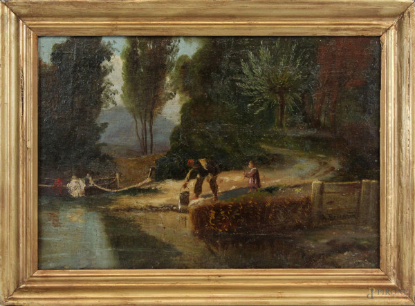 Paesaggio fluviale con figure, olio su tela riportata su cartone, cm 28x42, firmato, entro cornice.