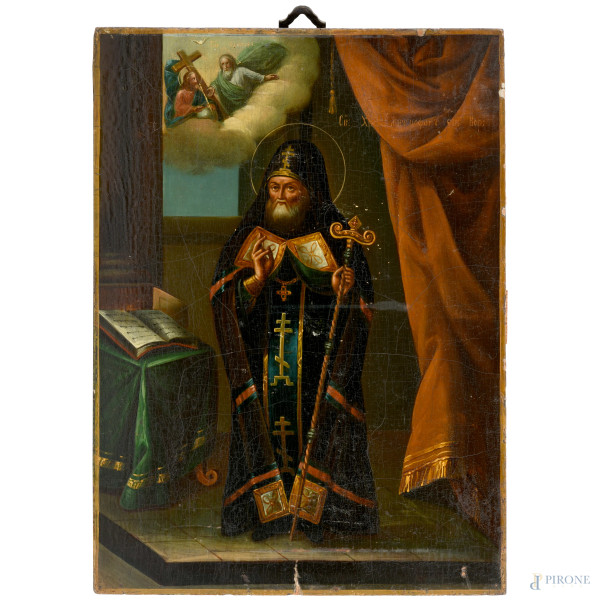 Icona raffigurante Santo ortodosso, XIX secolo, cm 29x21,5, (cadute di colore, felature, scalfiture)