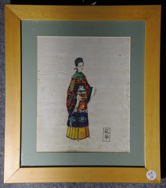 Geisha, dipinto su pergamena in cornice firmato