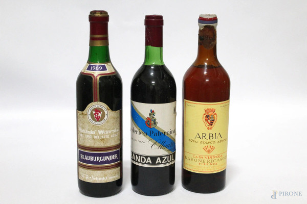 Lotto di tre vini: Arbia, E.Paternina, Sudtiroler Weinprobe 1969.