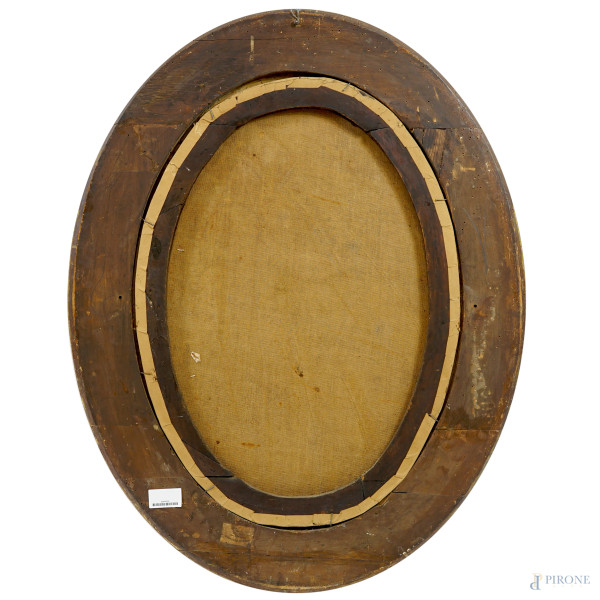 Anonimo del XIX secolo, Scena di corteggiamento entro un paesaggio, olio su tela in assetto ovale...