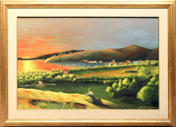 Paesaggio costiero con figura, dipinto ad olio su tela, cm 60 x 90, entro cornice, firmato.