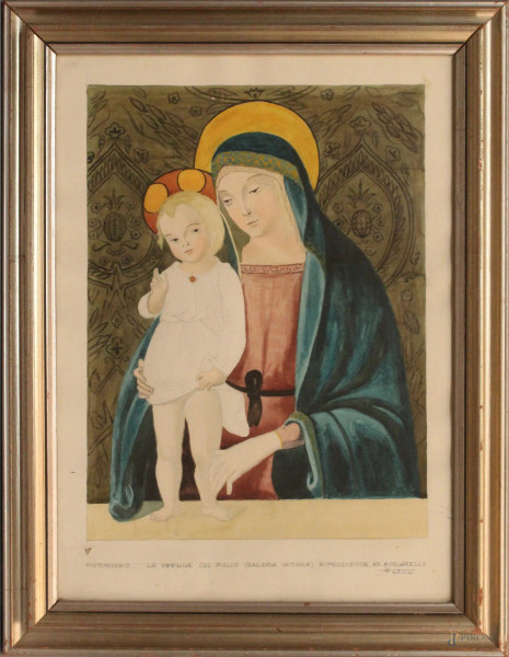 Madonna co Bambino, acquarello su carta cm 48x35, firmato, entro cornice.