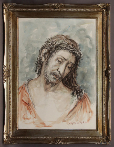 Alfonso Grassi - Volto del Cristo, cm 70 x 50, prova d&#39;autore, entro cornice.