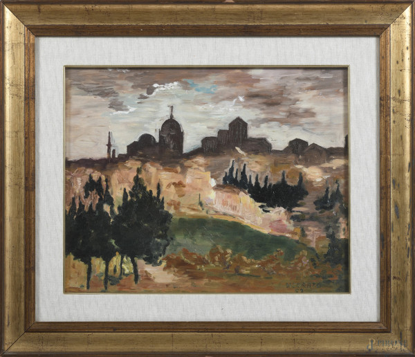 Paesaggio romano, XX secolo, olio su cartone telato, cm 39x49, firmato e datato in basso a destra, entro cornice