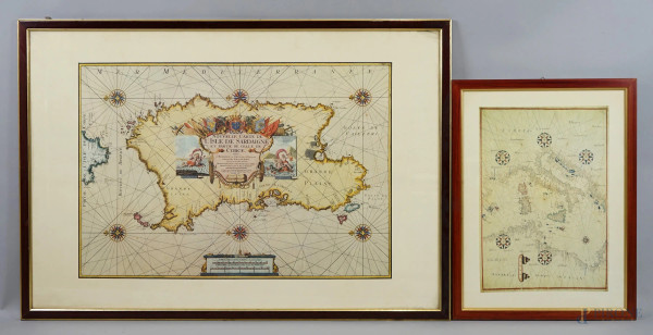 Lotto di due stampe raffiguranti la "Nouvelle Carte de l'Isle de Sardaigne" ed carta nautica dell'Europa, misure max cm 60,5x89,5, XX secolo, entro cornici.