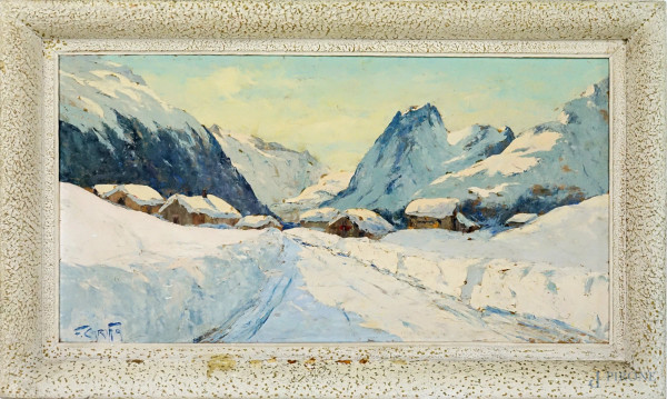 Francis Cariffa - Paesaggio innevato, olio su tavola, cm 40x90,5, entro cornice.