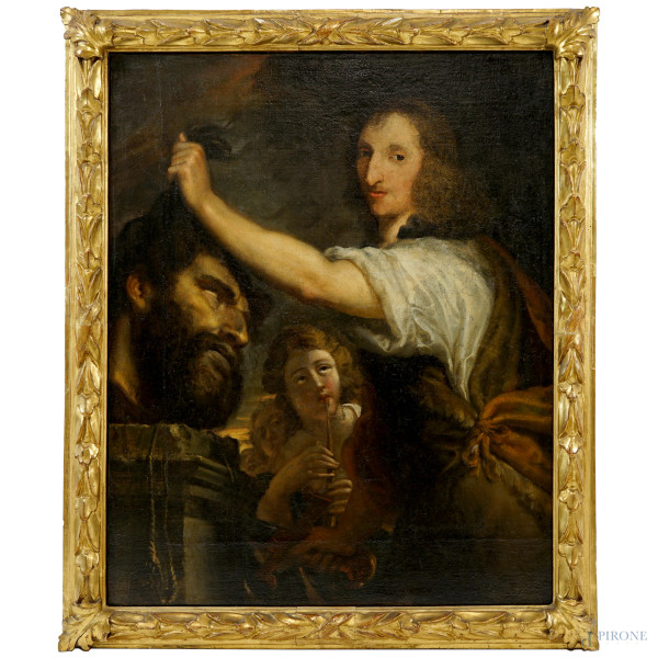 Pittore del XVII secolo, Ritratto in veste di Davide con la testa di Golia, olio su tela, cm 101x81, entro cornice.