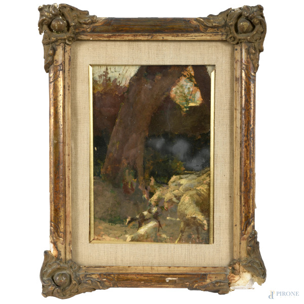 Gregge, XX secolo, olio su tavola, cm 26,5x18, entro cornice, lievi abrasioni, foro)