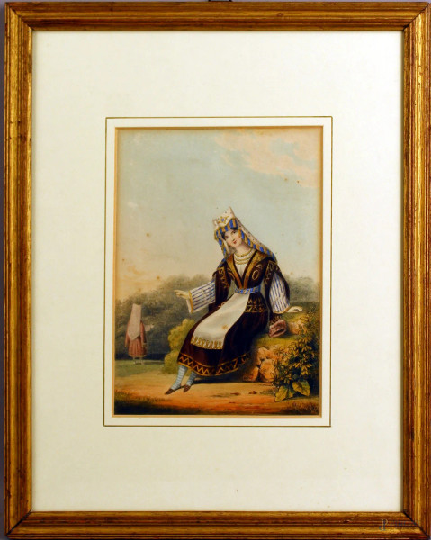 Figura in costume, stampa acquarellata, cm. 19,5x14, XIX secolo, entro cornice.