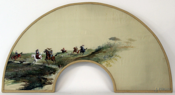 Dipinto su seta raffigurante scena di caccia, cm 44x78,5, firmato in basso a destra.