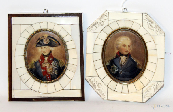 Lotto composto da due miniature a soggetti di Lord Nelson, entro cornici in avorio.