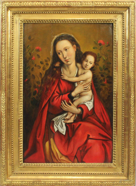 Madonna con Bambino, antico dipinto ad olio su tavola, cm 76x51, entro cornice.