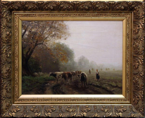 Paesaggio con pastorella e mucche, dipinto dell'800 ad olio su tela, cm 46x63, entro cornice.
